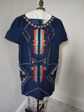 Maeve Navy Blue Embroidered Shift Dress with Multicolor Geometric Motif